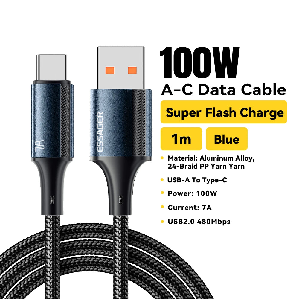 Essager 7A USB Type C Cable For Realme Huawei P40 Pro 100W Fast Charging Wire USB-C Charger Data Cord For Samsung Xiaomi Poco F3