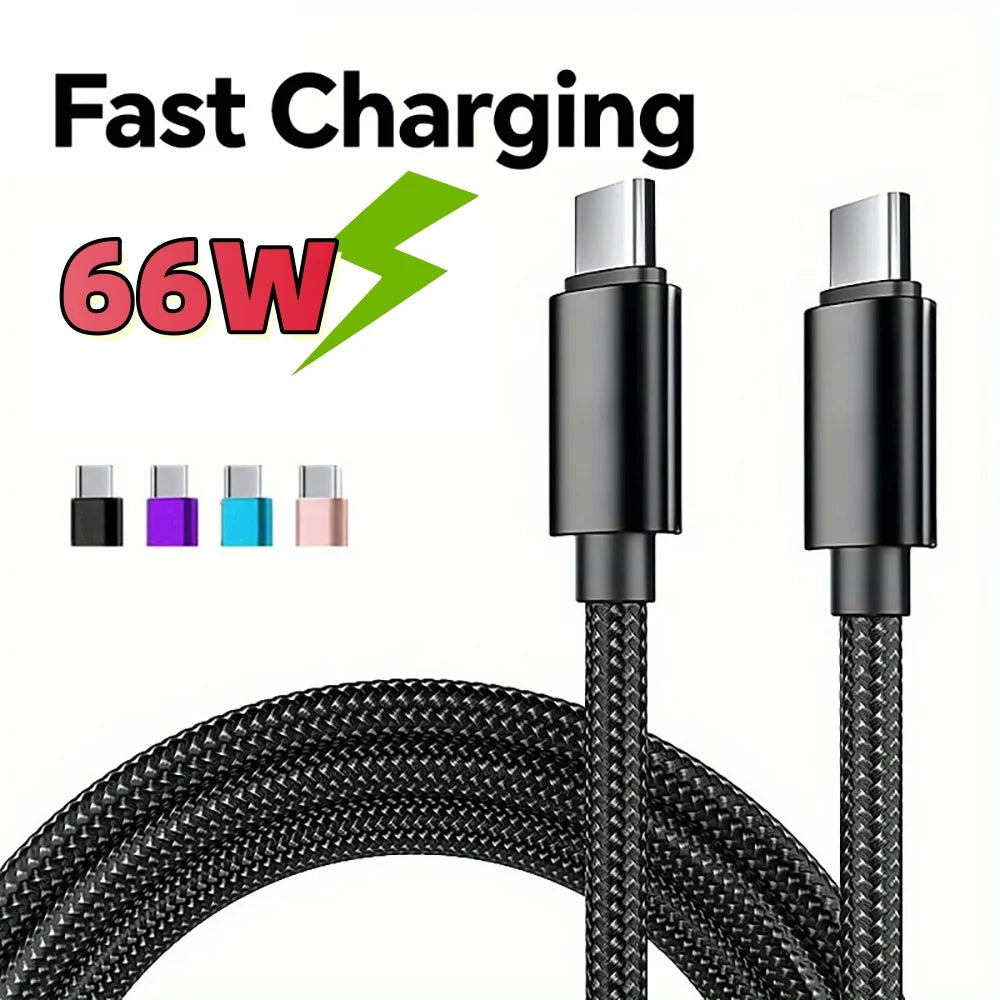 66W Usb C Fast Charging Cable Nylon Braided 1m 2m 3m Type C To Type C Dual PD Data Cord for Iphone 15 16 Pro Max Samsung Xiaomi