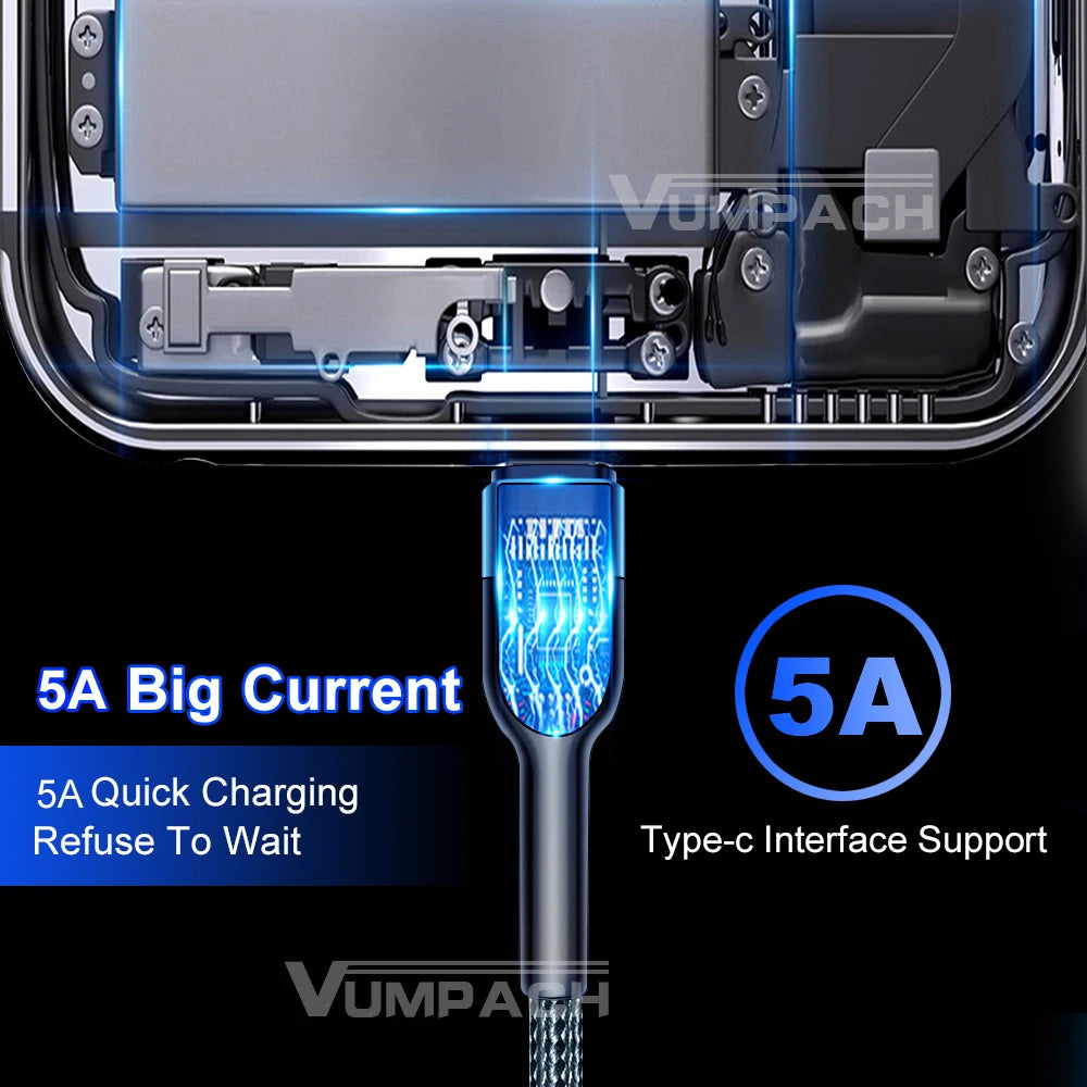 5A USB Type C Cable Wire For Samsung S10 S20 Xiaomi mi 11 Mobile Phone Fast Charging USB C Cable Type-C Charger  huawei Cables