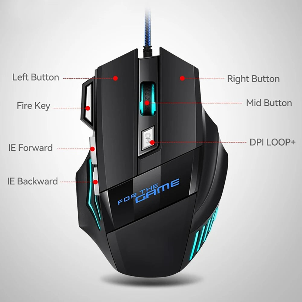 Professional Wired Gaming Mouse 7 Button Ergonomic USB Optical Mice 5500 DPI Backlight Adjustable for PC Gamer Computer Desktop
