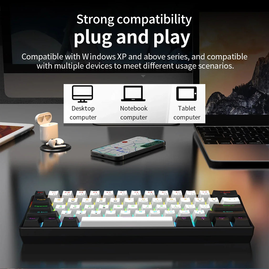 60% Wired Gaming Mechanical Keyboard RGB Backlit Ultra Compact Mini Layout for PC/Mac Gamers And Typists Easy Travel Design