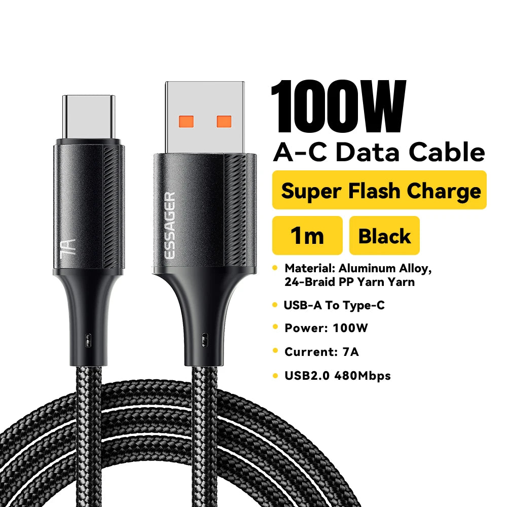 Essager 7A USB Type C Cable For Realme Huawei P40 Pro 100W Fast Charging Wire USB-C Charger Data Cord For Samsung Xiaomi Poco F3