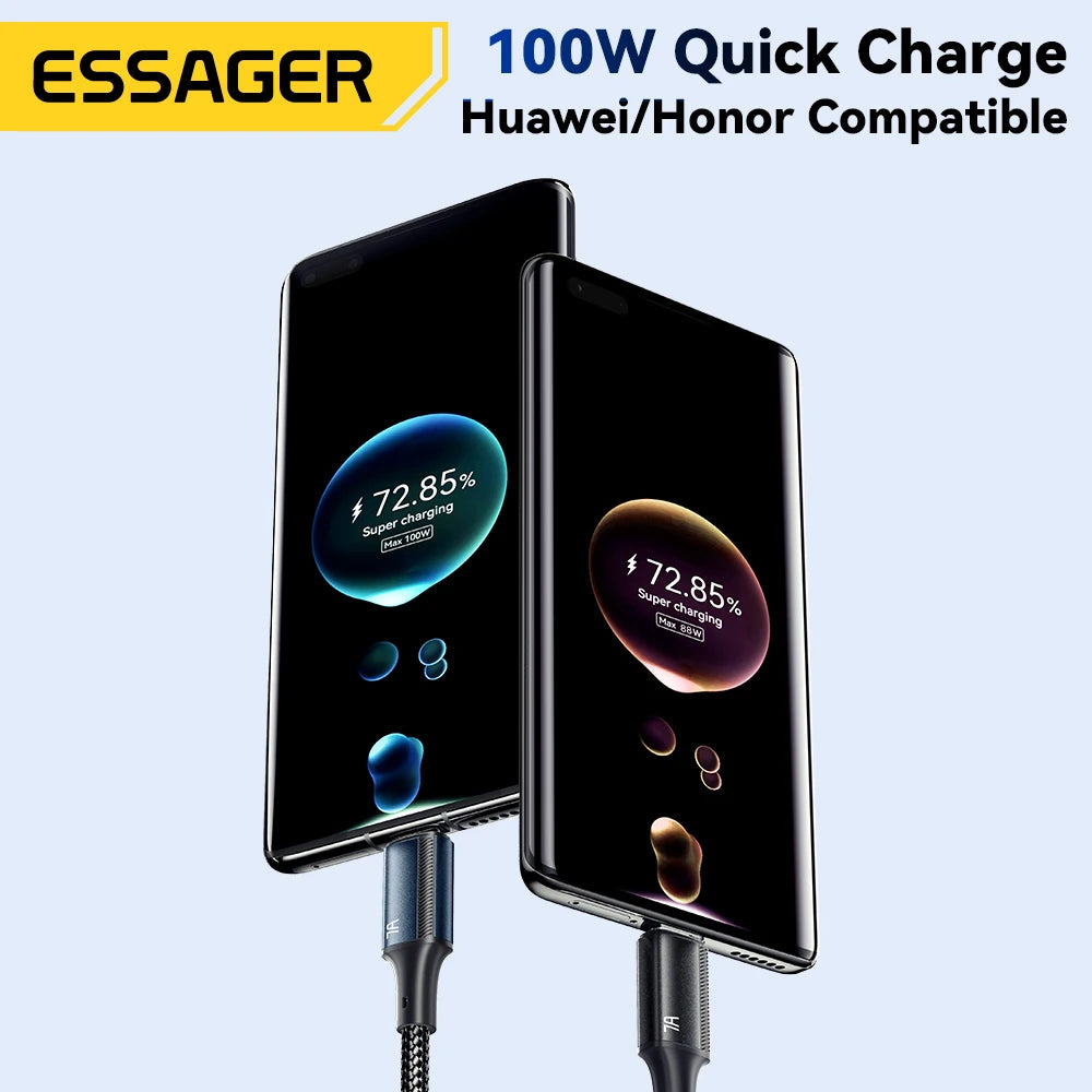 Essager 7A USB Type C Cable For Realme Huawei P40 Pro 100W Fast Charging Wire USB-C Charger Data Cord For Samsung Xiaomi Poco F3