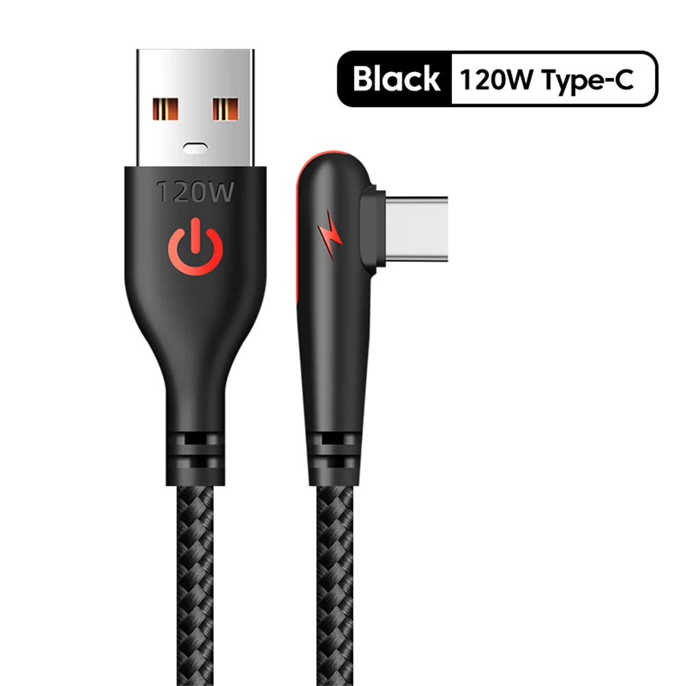 6A 120W Fast Charge Cables USB TO Type C Quick Charging Chargers Cord 0.25m/1m/1.5m/2m 90 Degree Elbow USB-C Braided Data Wire