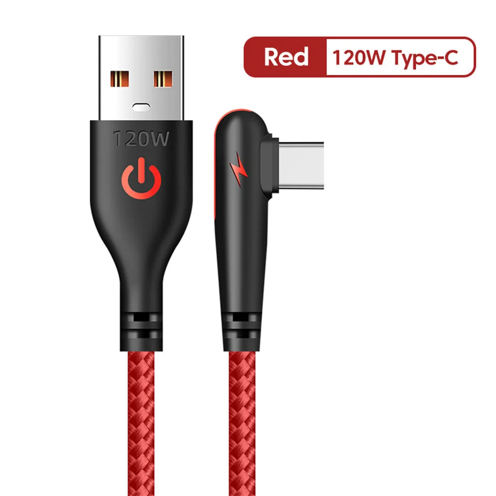 6A 120W Fast Charge Cables USB TO Type C Quick Charging Chargers Cord 0.25m/1m/1.5m/2m 90 Degree Elbow USB-C Braided Data Wire
