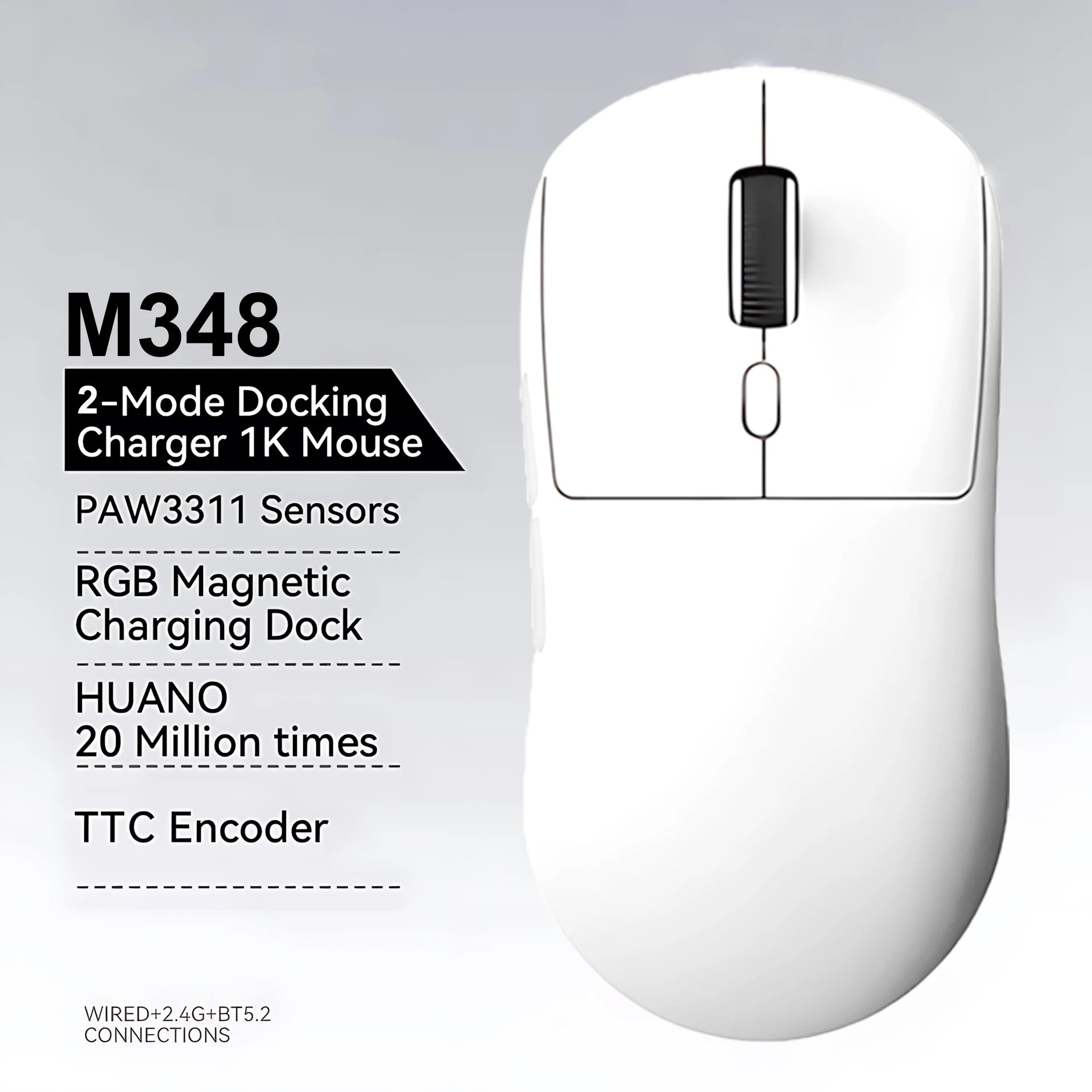 M348 Superlight Mouse Bluetooth 2.4G Wireless Gaming Mouse Flagship Chip Gaming Sensor 6 Adjustable DPI for Office Game