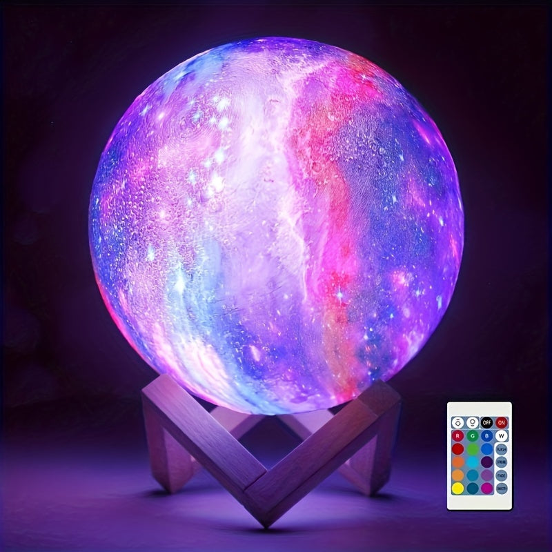 16 Inch Colorful Ball Moon LED Night Light - Night Lights with 16 Colors Adjustable, Remote Control, USB Plug, Solid Wood Stand, and Unique 3D Design - Perfect Birthday Gift for Bedroom Home Decor
